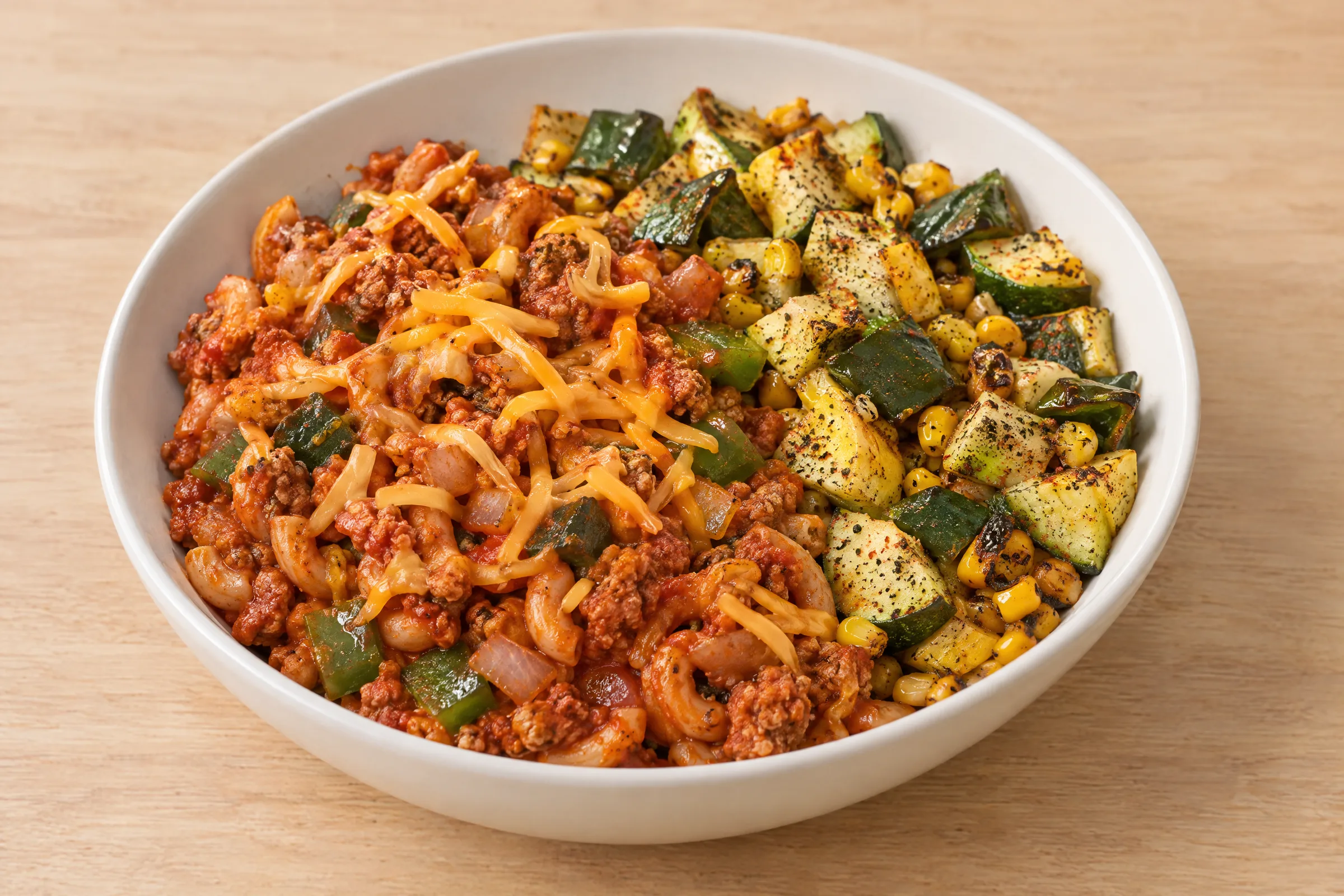 Saucy ground turkey with elbow macaroni and cheddar shreds, beside zucchini, corn and green peppers. AI illustration, not a photo of the delivered meal. Appearance and portions vary.