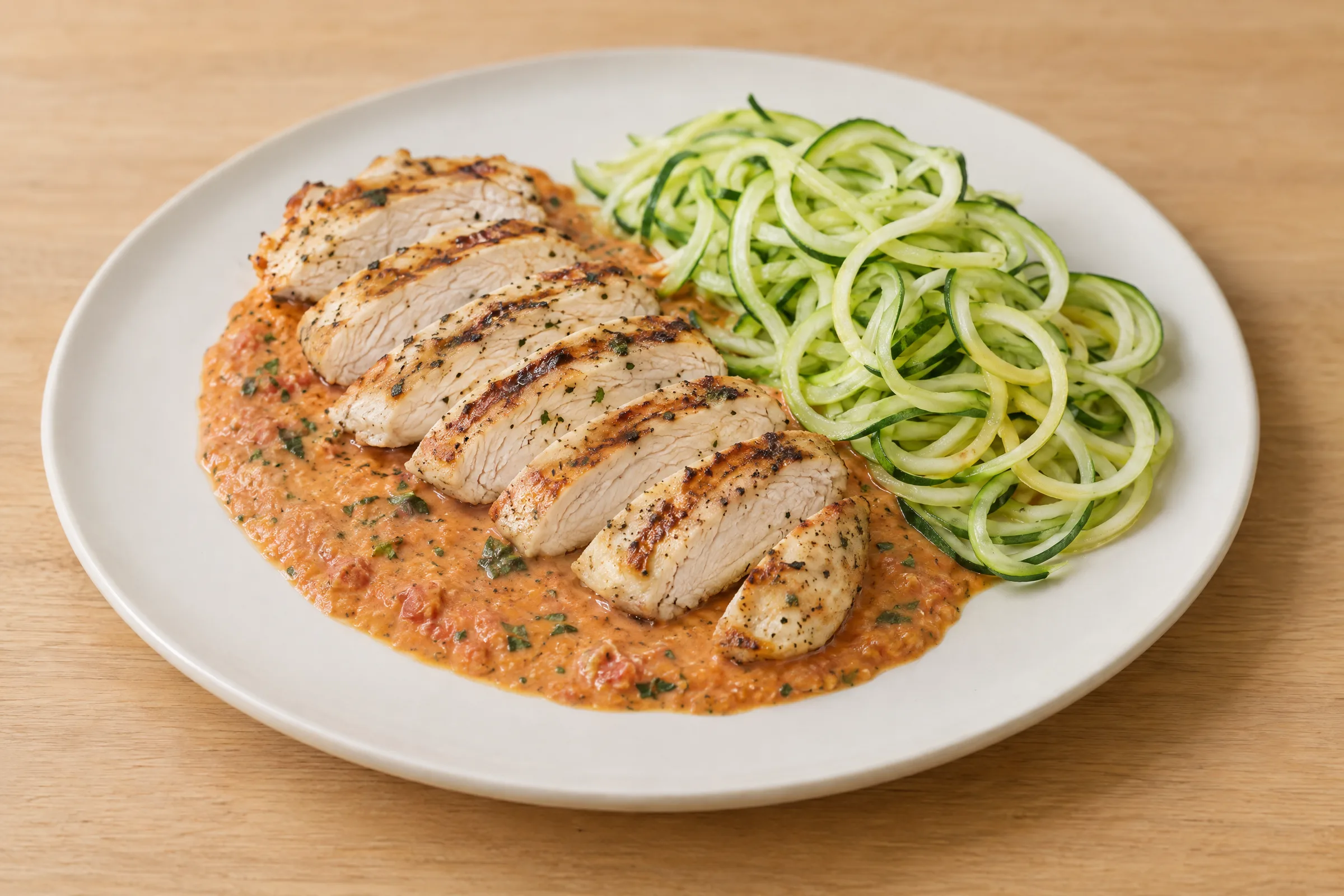 Sliced grilled chicken breast on creamy sun-dried tomato sauce with spinach, beside spiralized squash noodles. AI illustration, not a photo of the delivered meal. Appearance and portions vary.