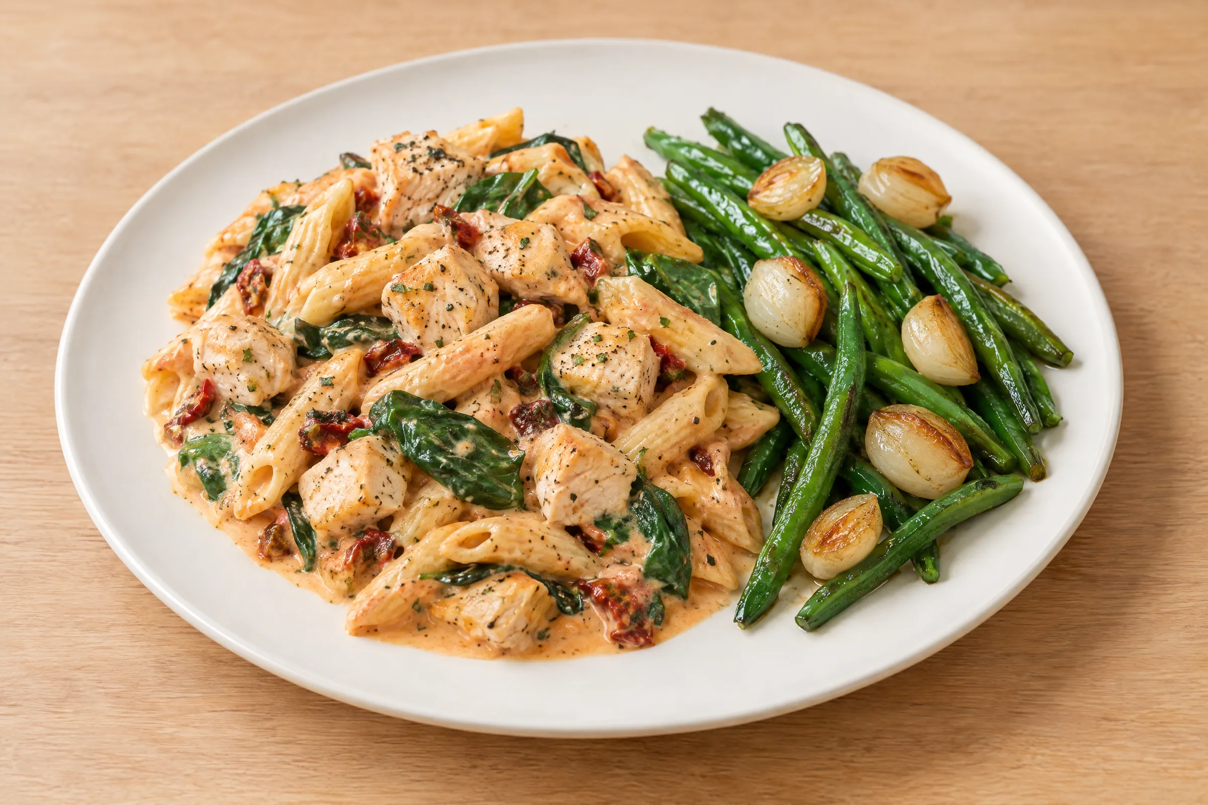 Creamy sun-dried tomato chicken penne with spinach and Parmesan, served with green beans and pearl onions. AI illustration, not a photo of the delivered meal. Appearance and portions vary.
