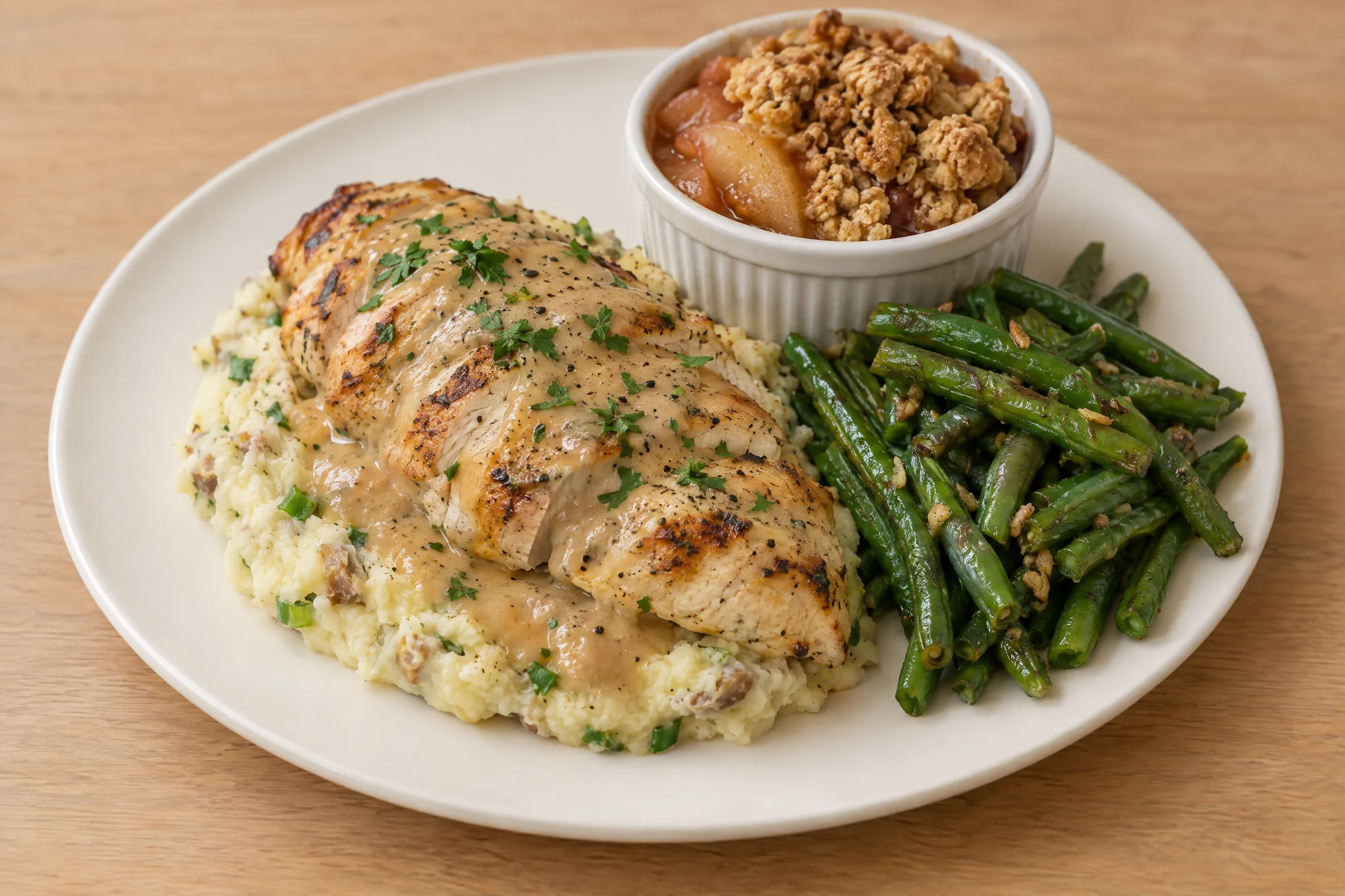 Sliced grilled chicken breast with gravy over mashed potatoes, green beans, and a cup of apple crumble. AI illustration, not a photo of the delivered meal. Appearance and portions vary.