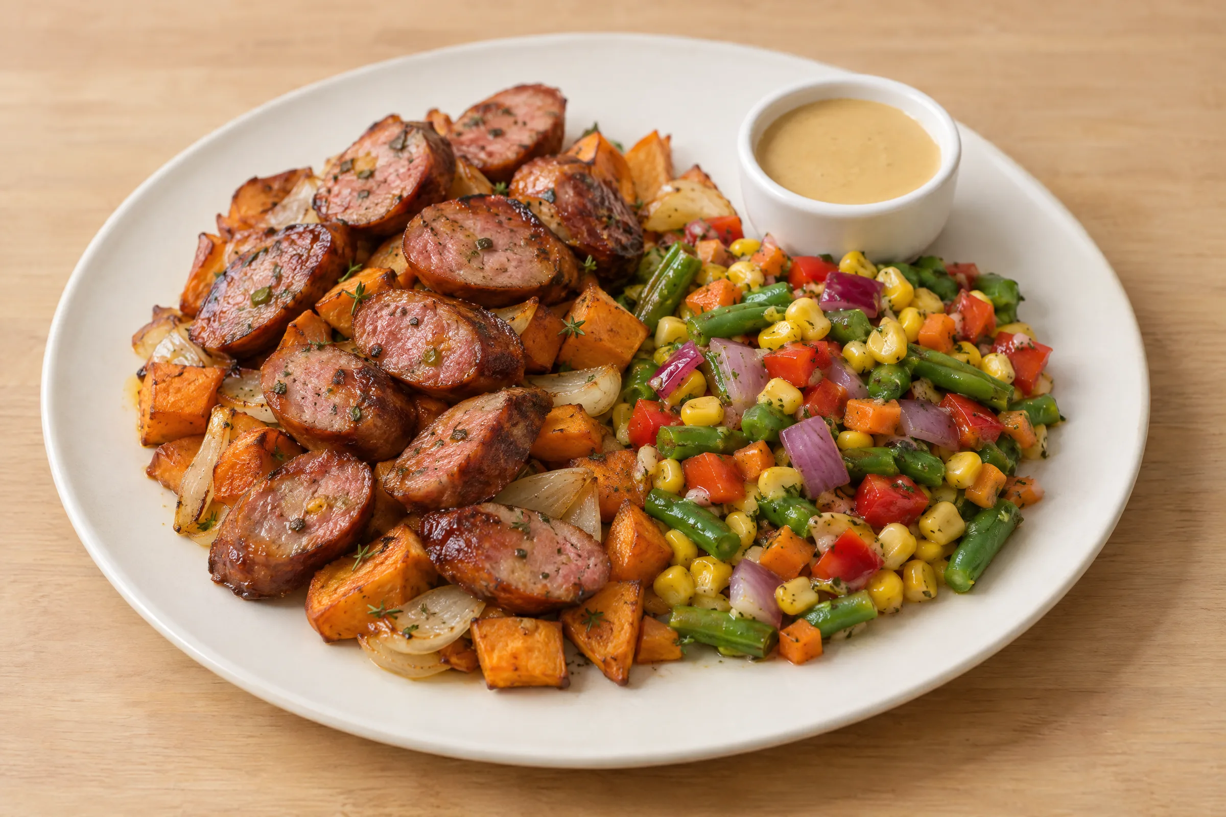 Sliced browned sausage over roasted sweet potatoes and onions, with corn-and-green-bean succotash and mustard vinaigrette. AI illustration, not a photo of the delivered meal. Appearance and portions vary.