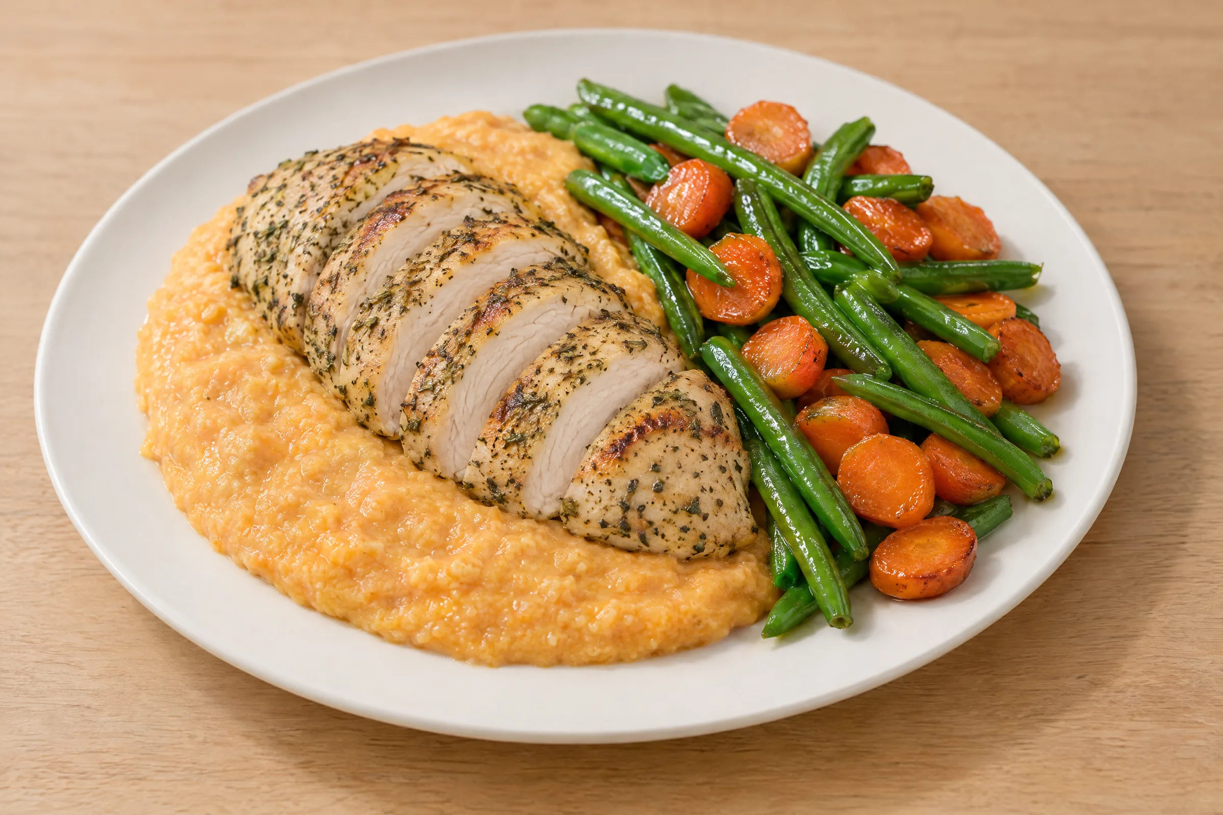 Sliced herb-rubbed chicken breast on orange sweet potato grits with green beans and roasted carrot coins. AI illustration, not a photo of the delivered meal. Appearance and portions vary.