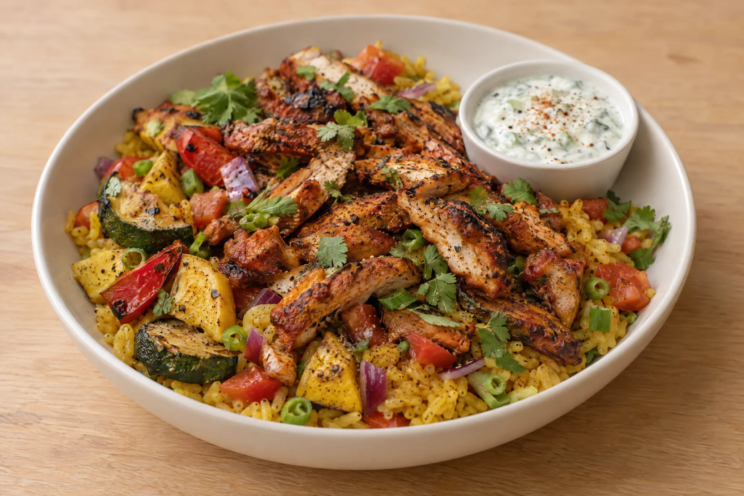 Yellow turmeric rice topped with spiced chicken thigh strips, roasted zucchini, squash, peppers, cilantro, and a side of cucumber raita. AI illustration, not a photo of the delivered meal. Appearance and portions vary.