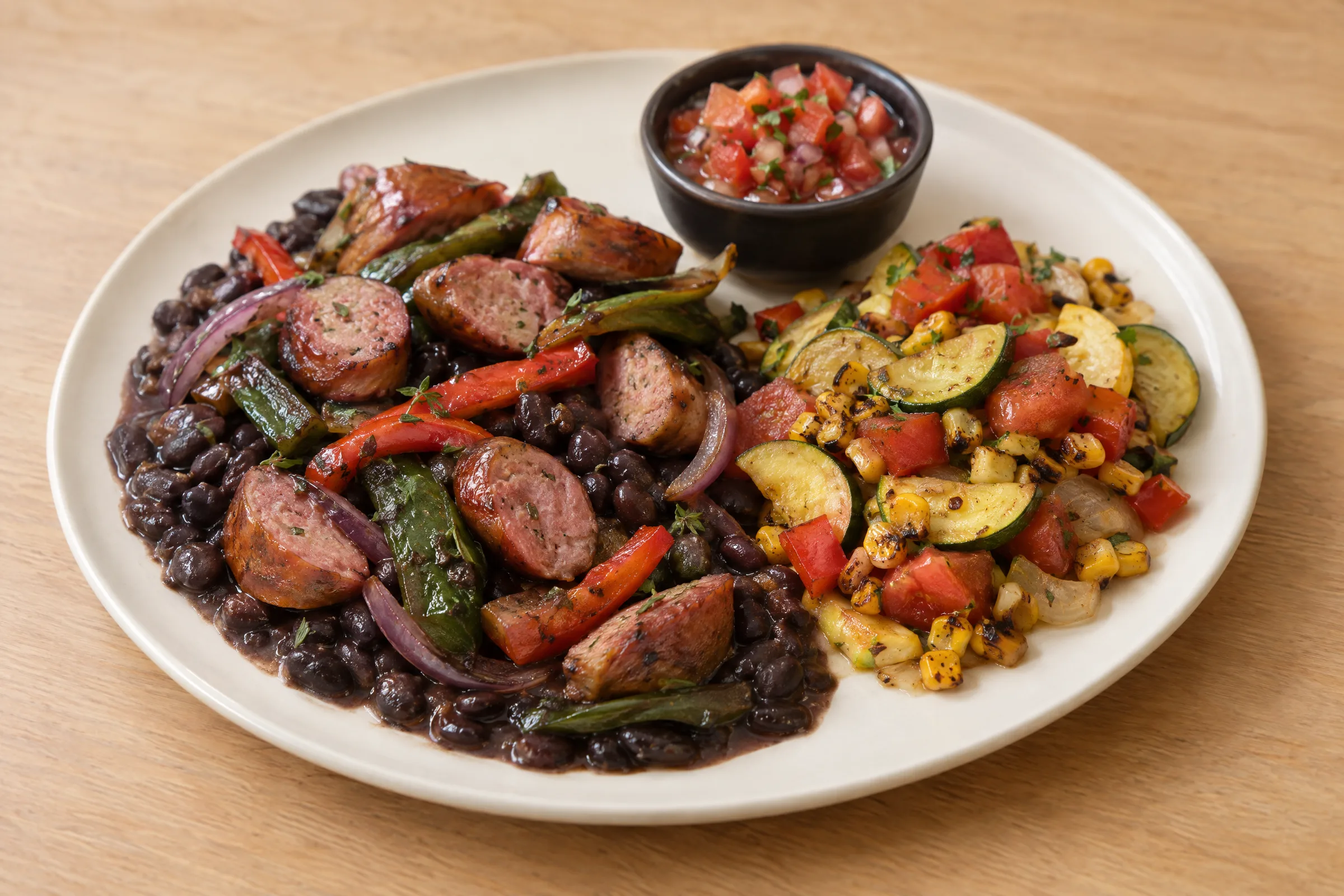 Sliced smoked sausage over black beans with peppers and onions, a squash-corn-tomato medley, and pico de gallo. AI illustration, not a photo of the delivered meal. Appearance and portions vary.