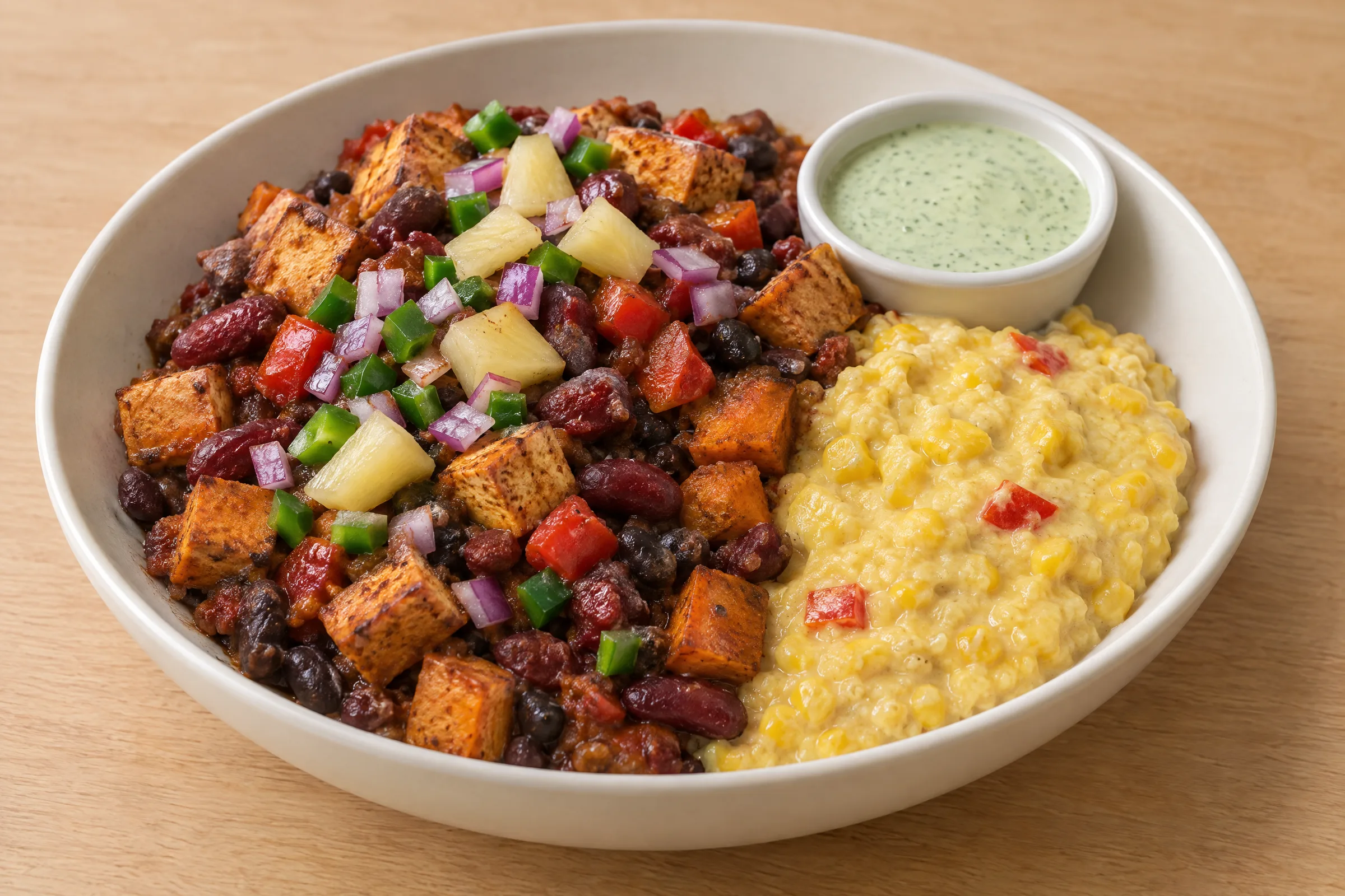 Chili of spiced tofu, red and black beans, sweet potato and peppers beside creamed corn, topped with pineapple-onion relish and cilantro crema. AI illustration, not a photo of the delivered meal. Appearance and portions vary.