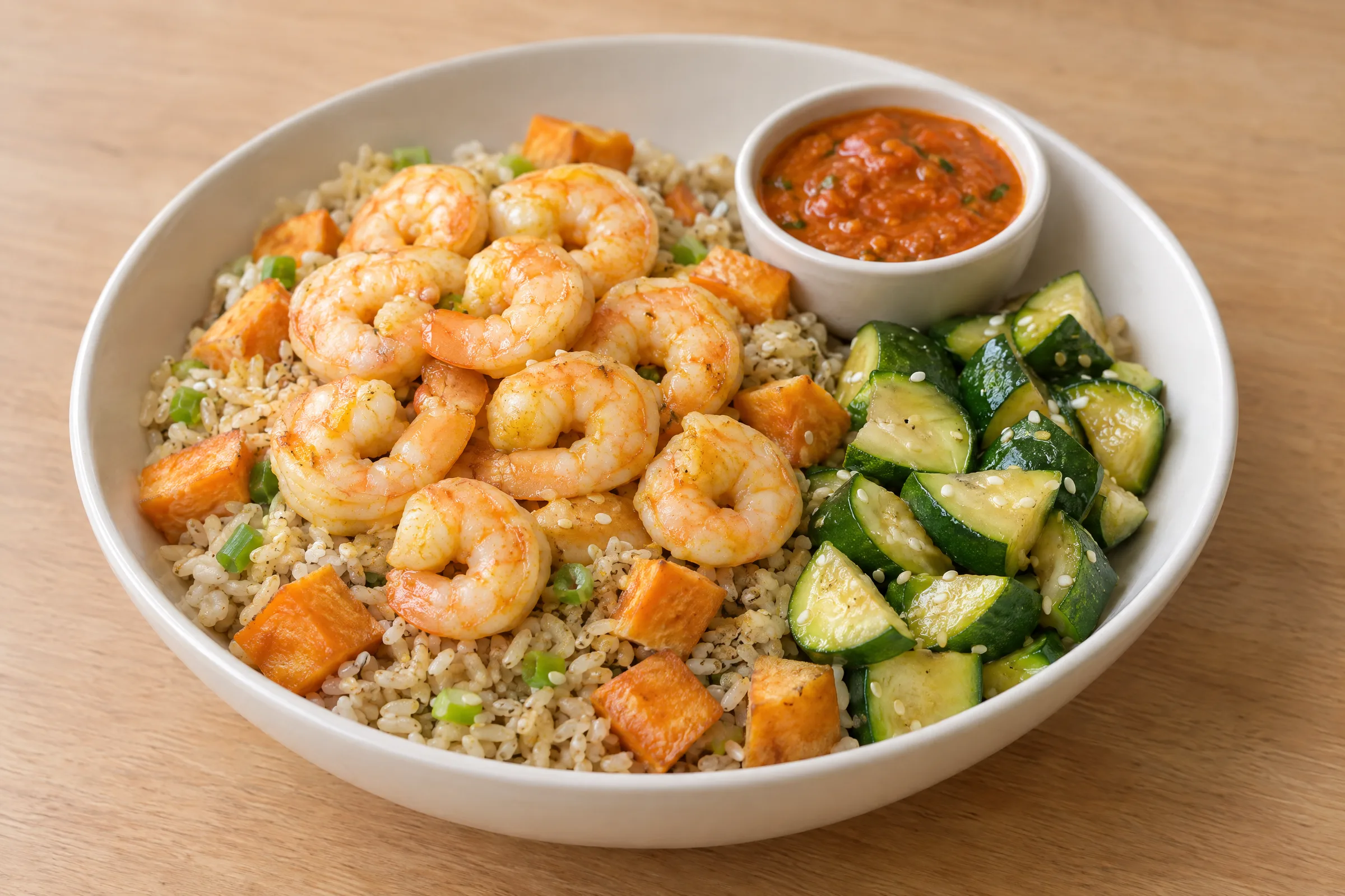 Curry shrimp over brown rice with sweet potato cubes, sesame zucchini, and a cup of red curry sauce. AI illustration, not a photo of the delivered meal. Appearance and portions vary.