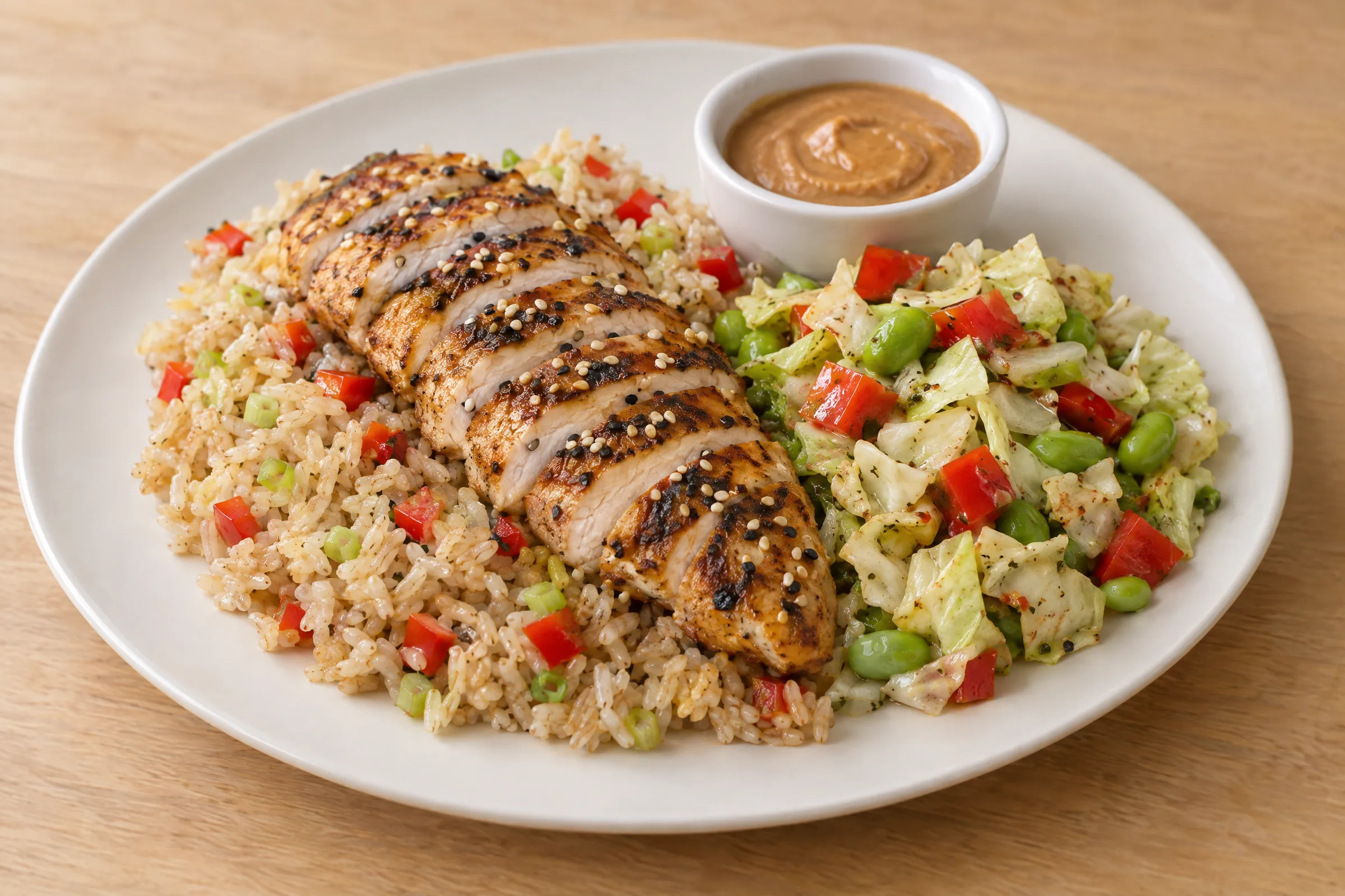 Sliced grilled chicken breast on brown rice with red peppers, a cabbage-edamame slaw, and almond butter sauce. AI illustration, not a photo of the delivered meal. Appearance and portions vary.