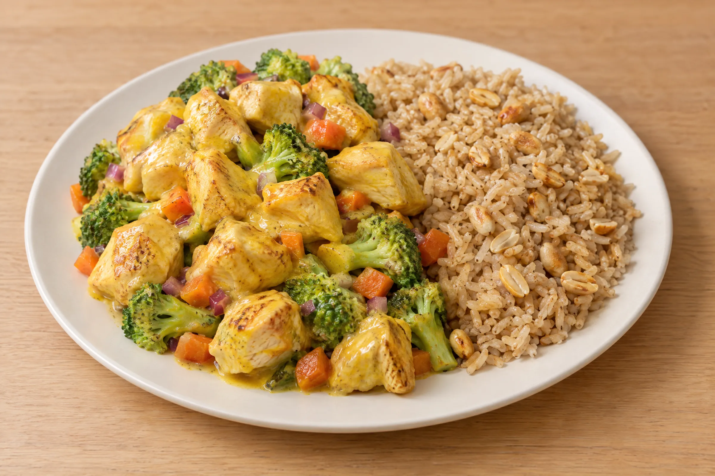Yellow curry chicken chunks over broccoli and carrots, with brown ginger rice topped with peanuts. AI illustration, not a photo of the delivered meal. Appearance and portions vary.