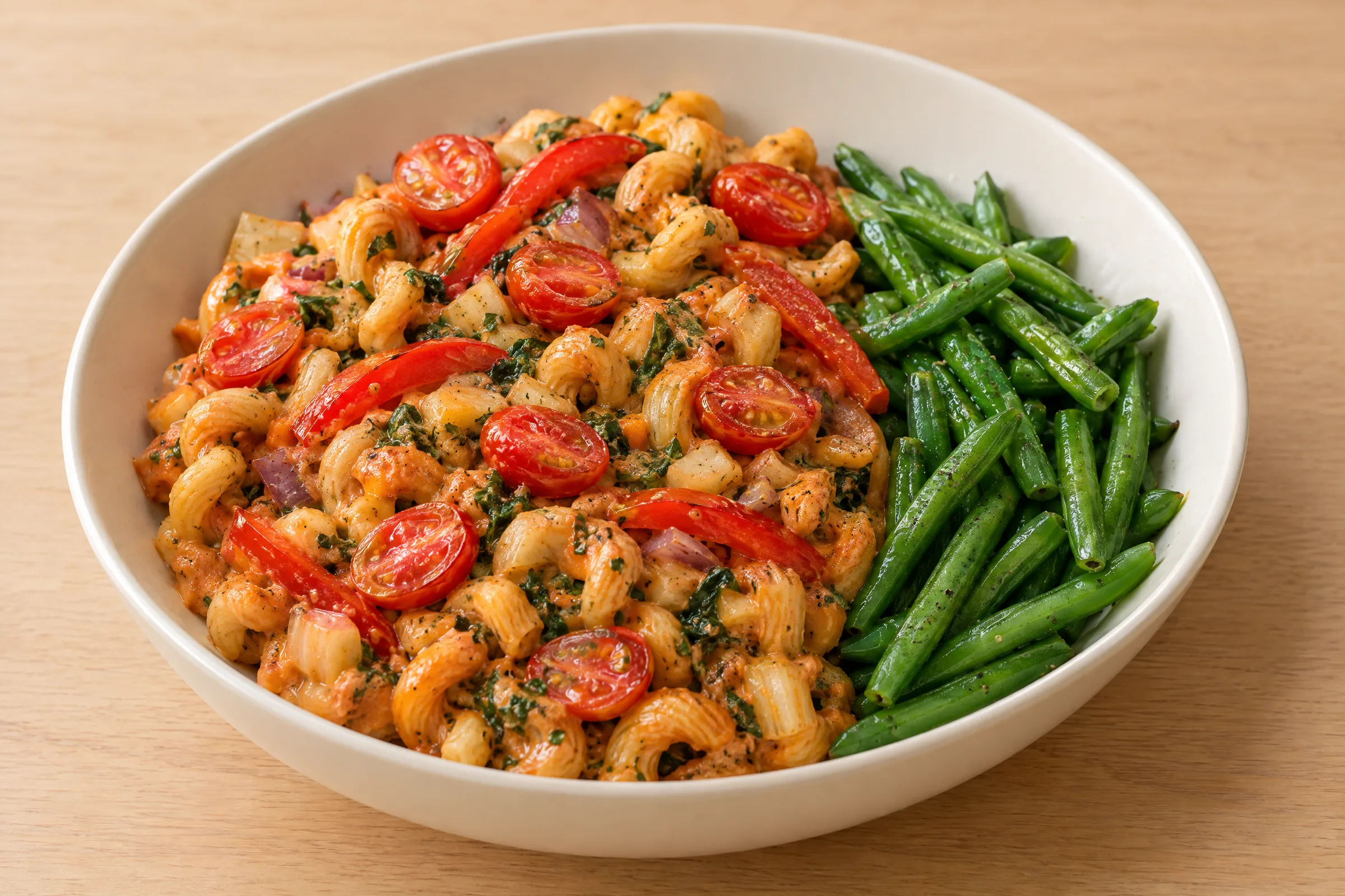 Creamy tomato-goat cheese cavatappi with roasted tomatoes, red pepper strips, fennel and onion, beside roasted green beans. AI illustration, not a photo of the delivered meal. Appearance and portions vary.