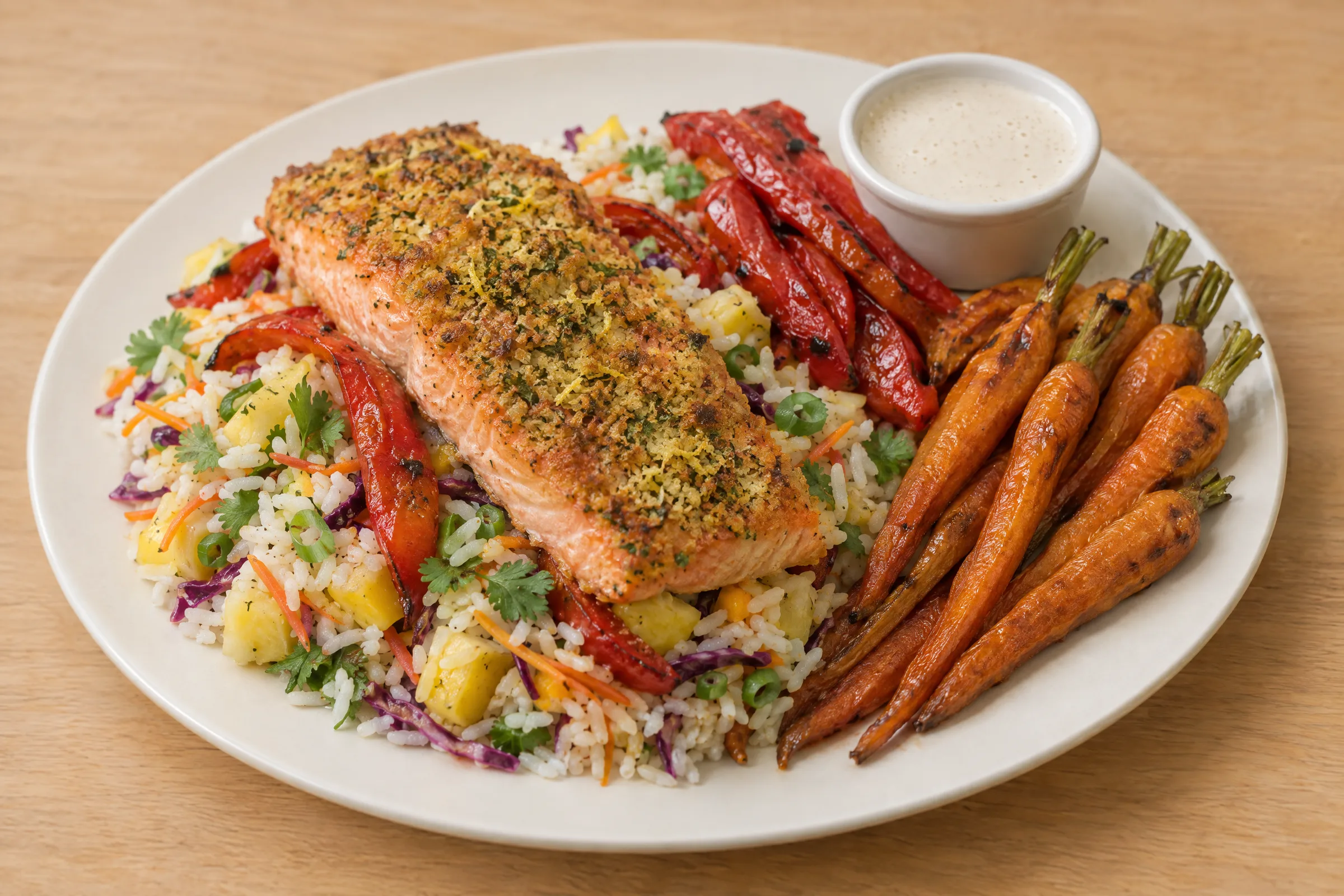 A crusted steelhead trout fillet on mango-pineapple rice with roasted carrots, red peppers and coconut-lime sauce. AI illustration, not a photo of the delivered meal. Appearance and portions vary.
