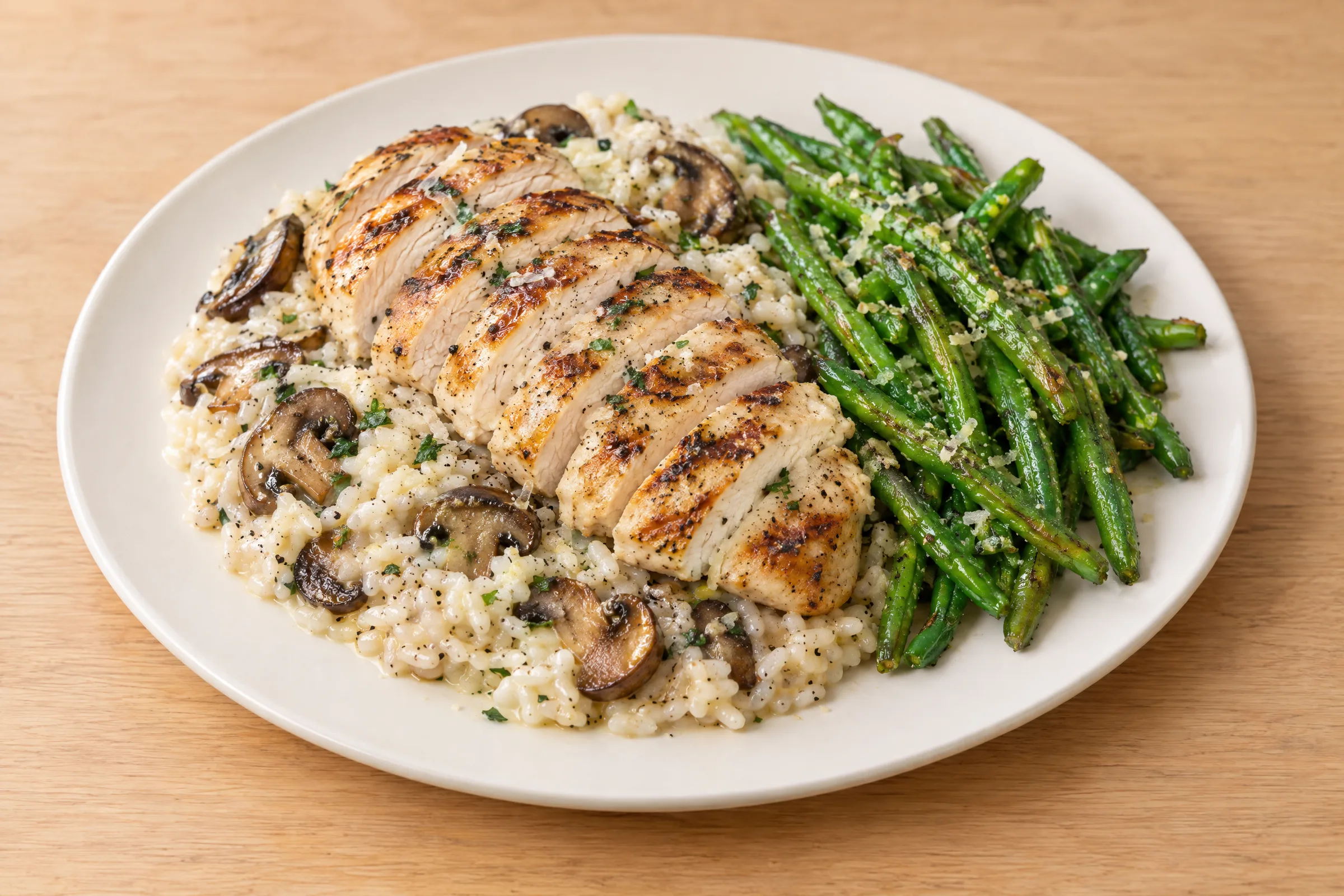 Sliced seared chicken breast over creamy mushroom risotto with a side of roasted green beans. AI illustration, not a photo of the delivered meal. Appearance and portions vary.