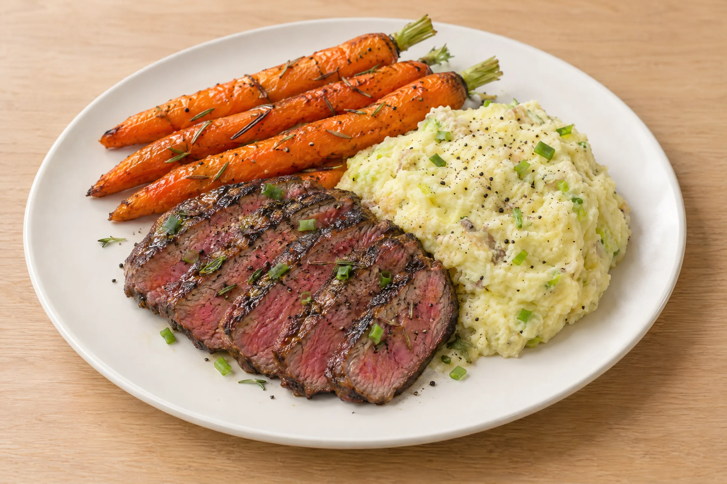 Sliced medium-rare filet mignon with roasted whole carrots and a mound of potato-leek mash. AI illustration, not a photo of the delivered meal. Appearance and portions vary.