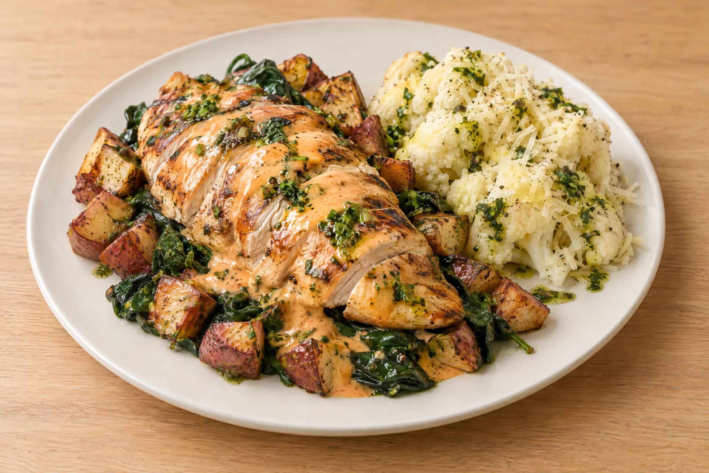 Grilled sliced chicken breast with orange cream sauce over spinach and roasted potatoes, with Parmesan cauliflower alongside. AI illustration, not a photo of the delivered meal. Appearance and portions vary.