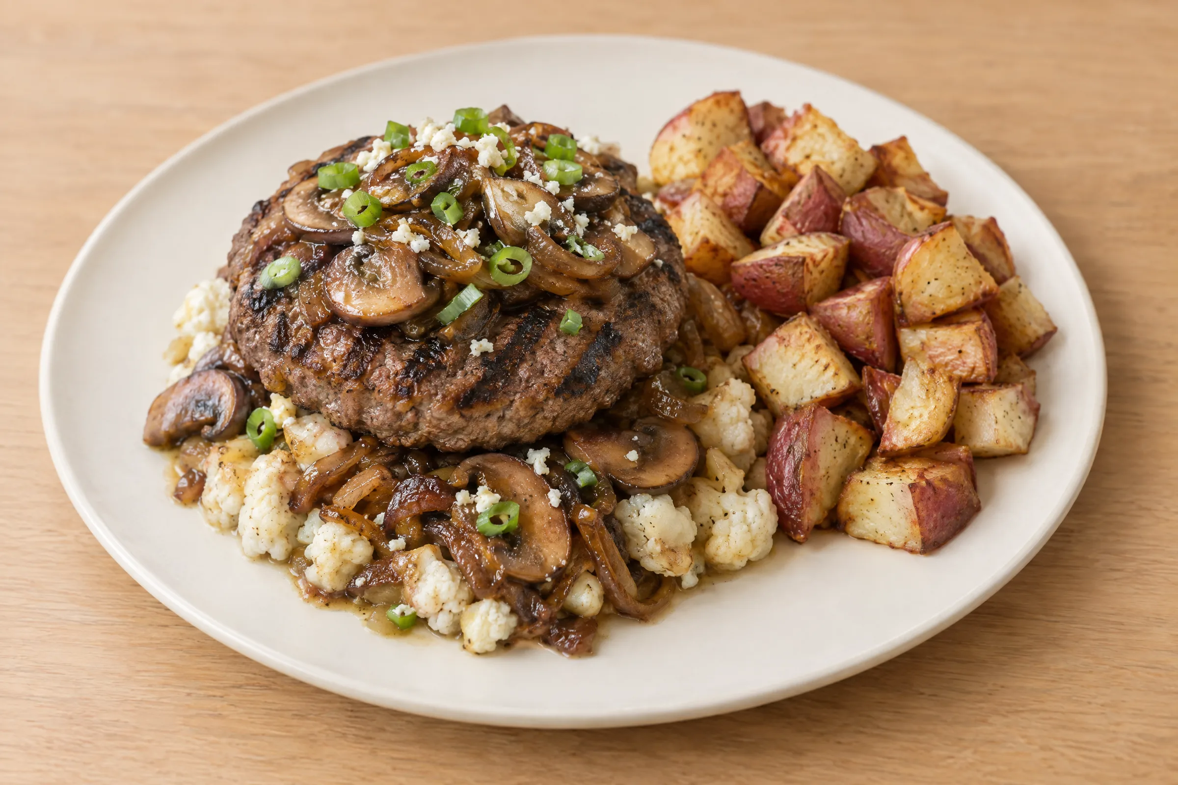 A grilled beef burger patty over cauliflower with mushrooms and caramelized onions, beside roasted red potatoes. AI illustration, not a photo of the delivered meal. Appearance and portions vary.