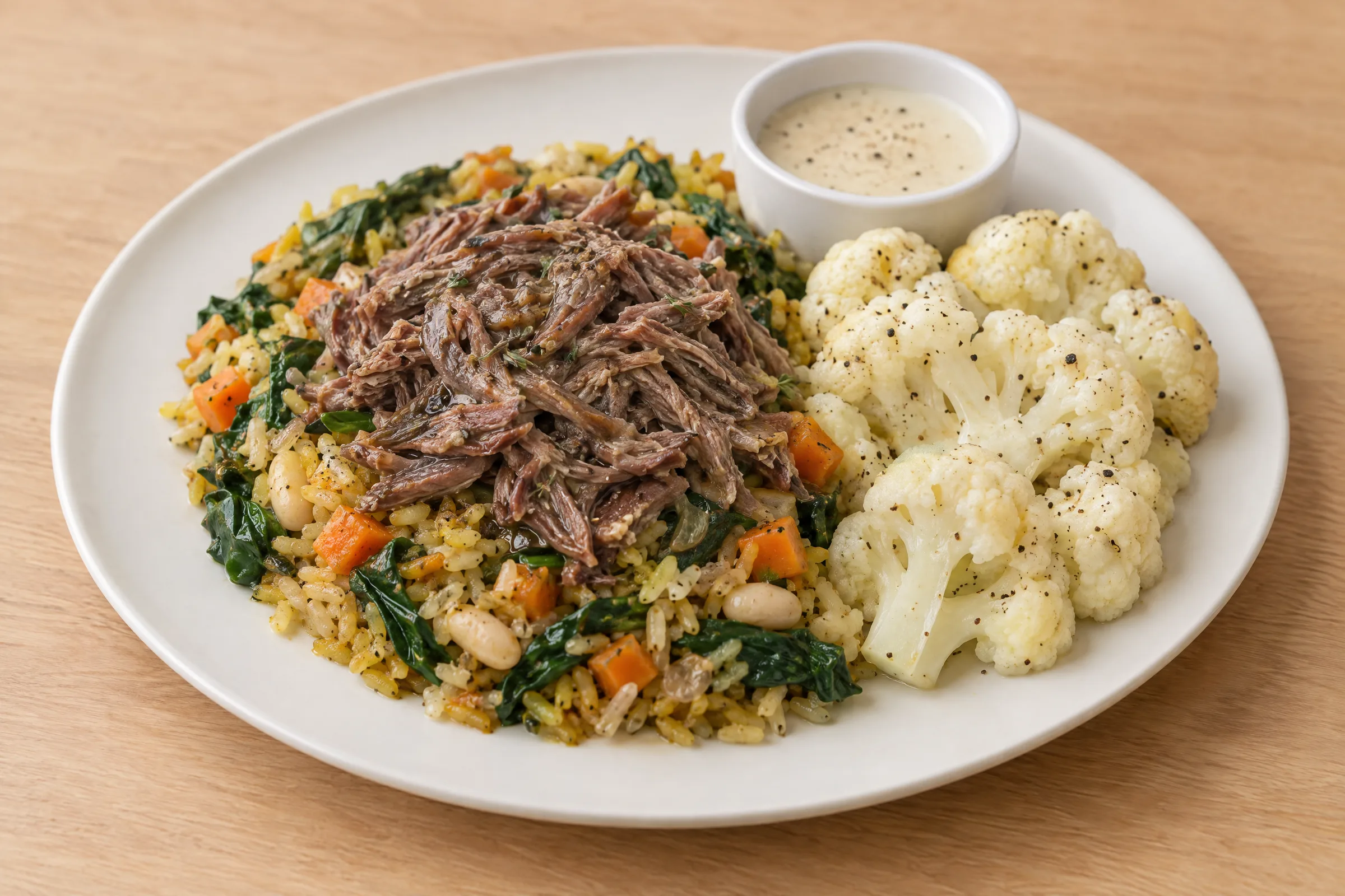 Shredded beef over yellow rice with carrots, spinach, steamed cauliflower florets and a cup of creamy truffle vinaigrette. AI illustration, not a photo of the delivered meal. Appearance and portions vary.
