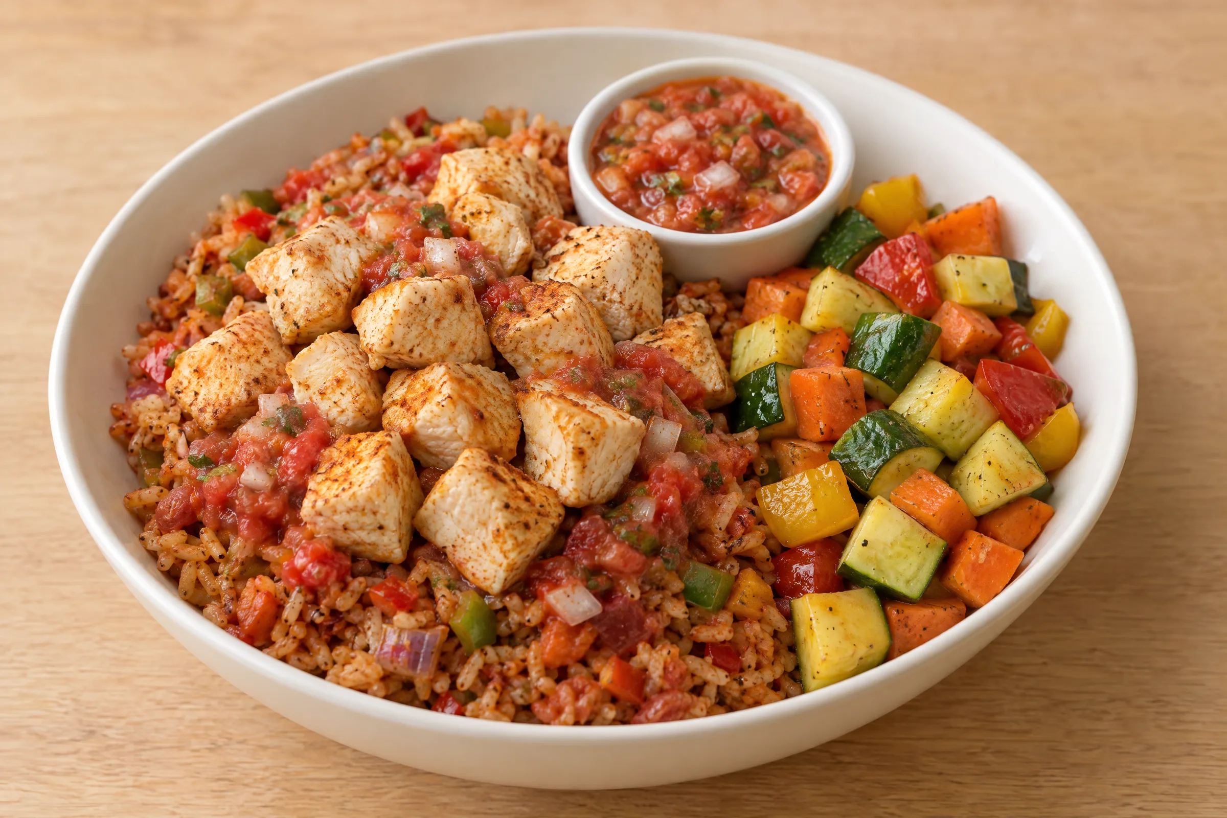 Spiced chicken cubes on tomato rice with salsa, beside roasted zucchini, yellow squash, carrots and peppers. AI illustration, not a photo of the delivered meal. Appearance and portions vary.