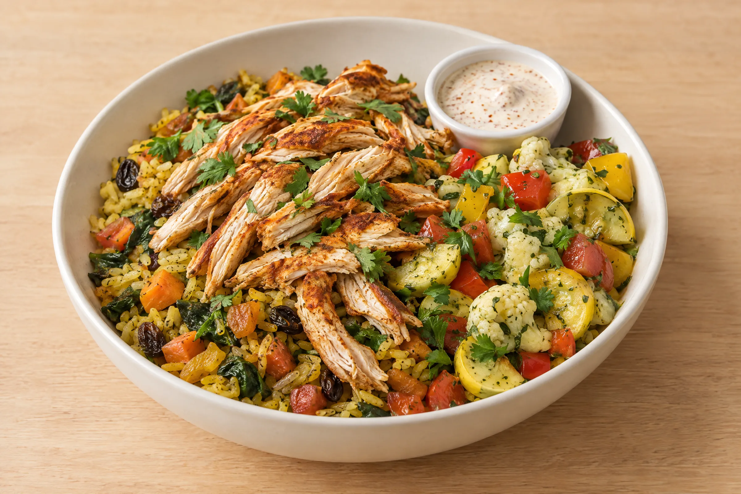 Shredded spiced chicken over turmeric rice with raisins, squash, cauliflower and peppers, with yogurt sauce alongside. AI illustration, not a photo of the delivered meal. Appearance and portions vary.