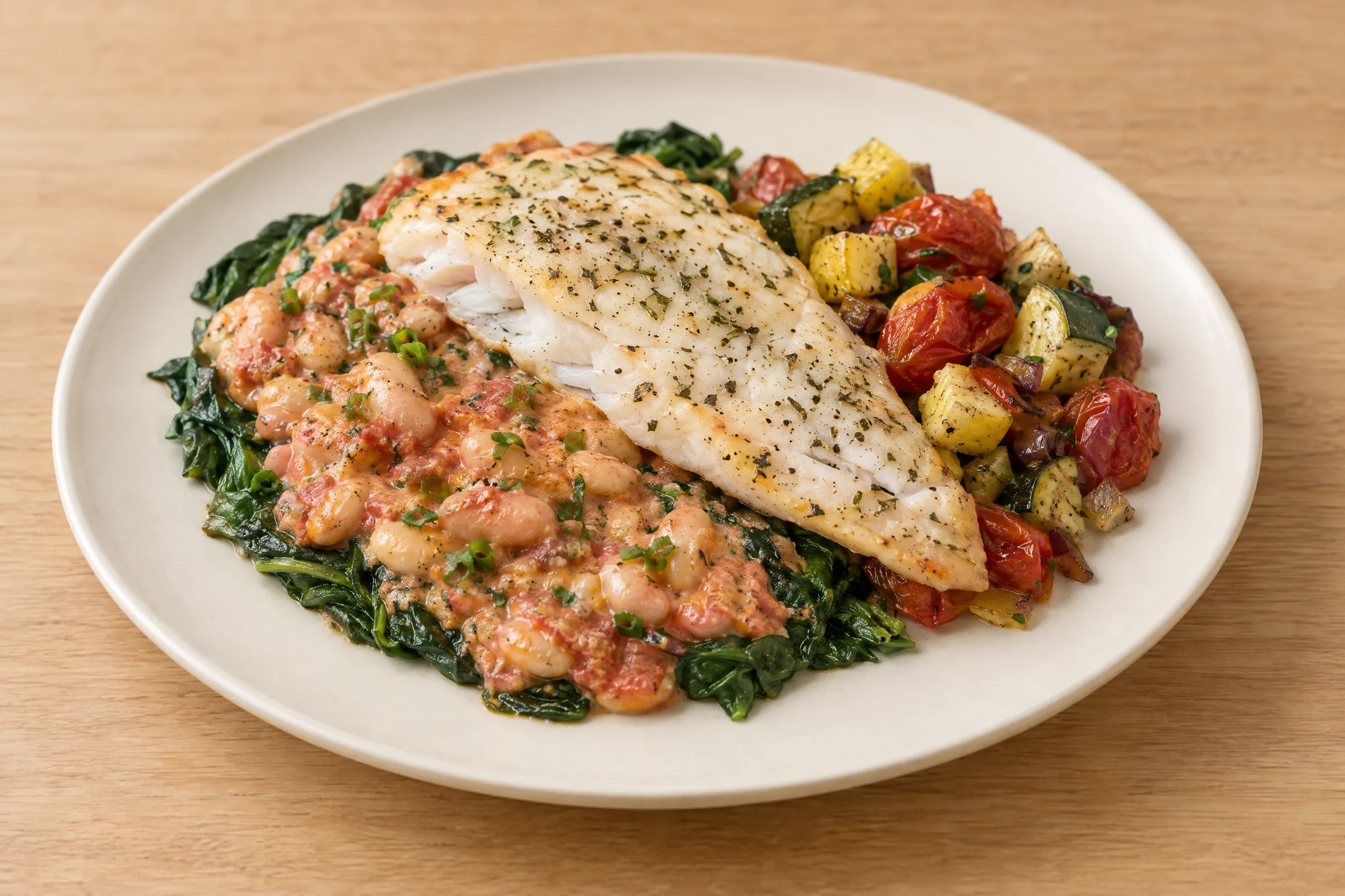 A roasted barramundi fillet over wilted spinach with creamy tomato white beans, roasted squash, zucchini and tomatoes. AI illustration, not a photo of the delivered meal. Appearance and portions vary.