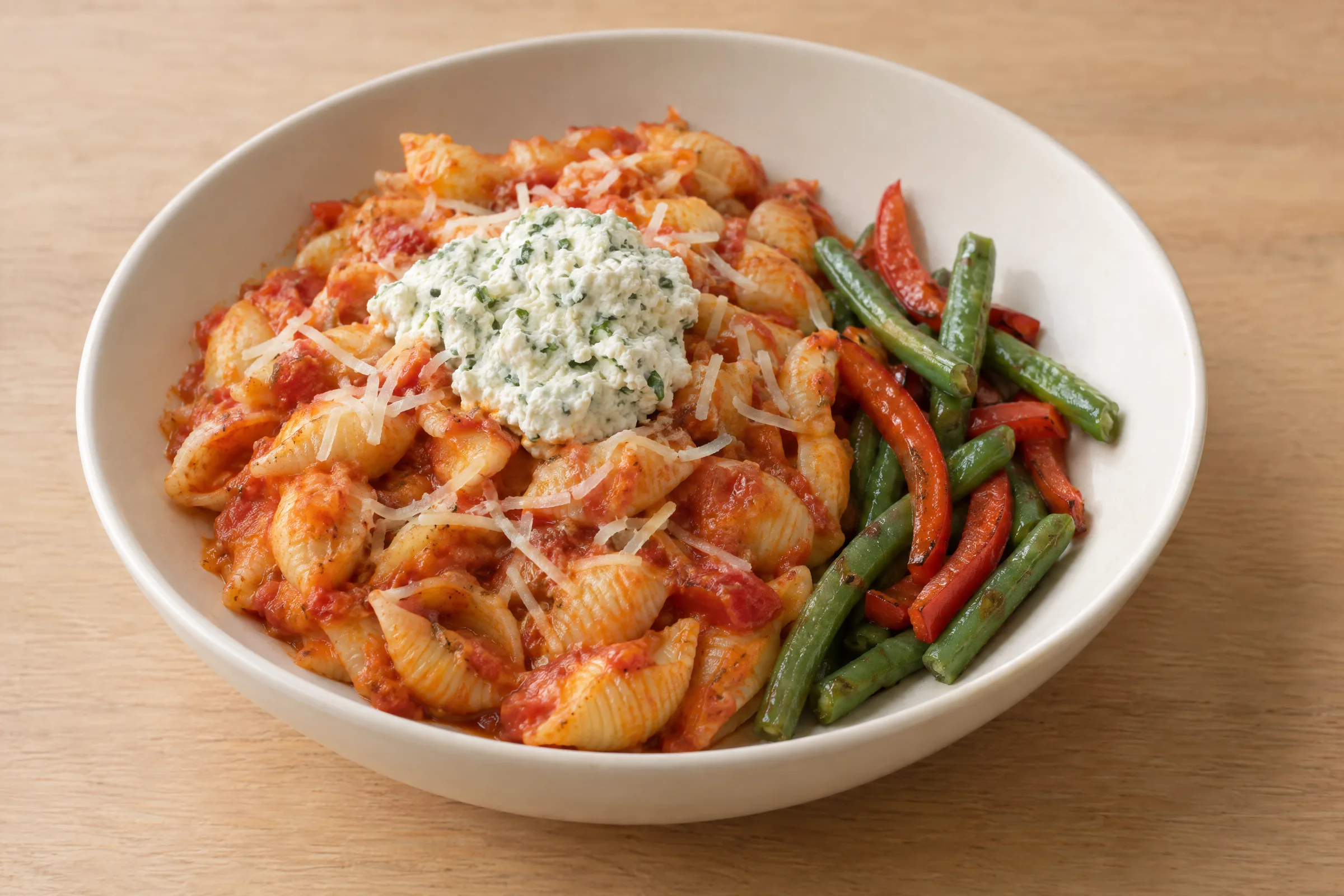 Pasta shells in marinara topped with herbed ricotta and parmesan, with green beans and red peppers. AI illustration, not a photo of the delivered meal. Appearance and portions vary.