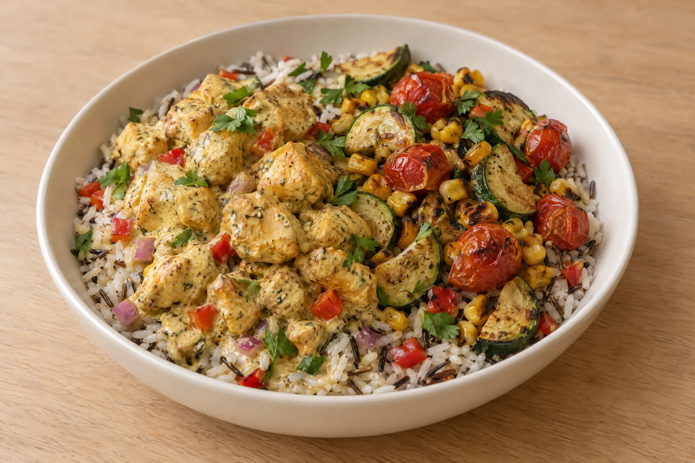 Saucy spiced chicken pieces over wild rice with zucchini slices, charred corn, peppers and roasted cherry tomatoes. AI illustration, not a photo of the delivered meal. Appearance and portions vary.