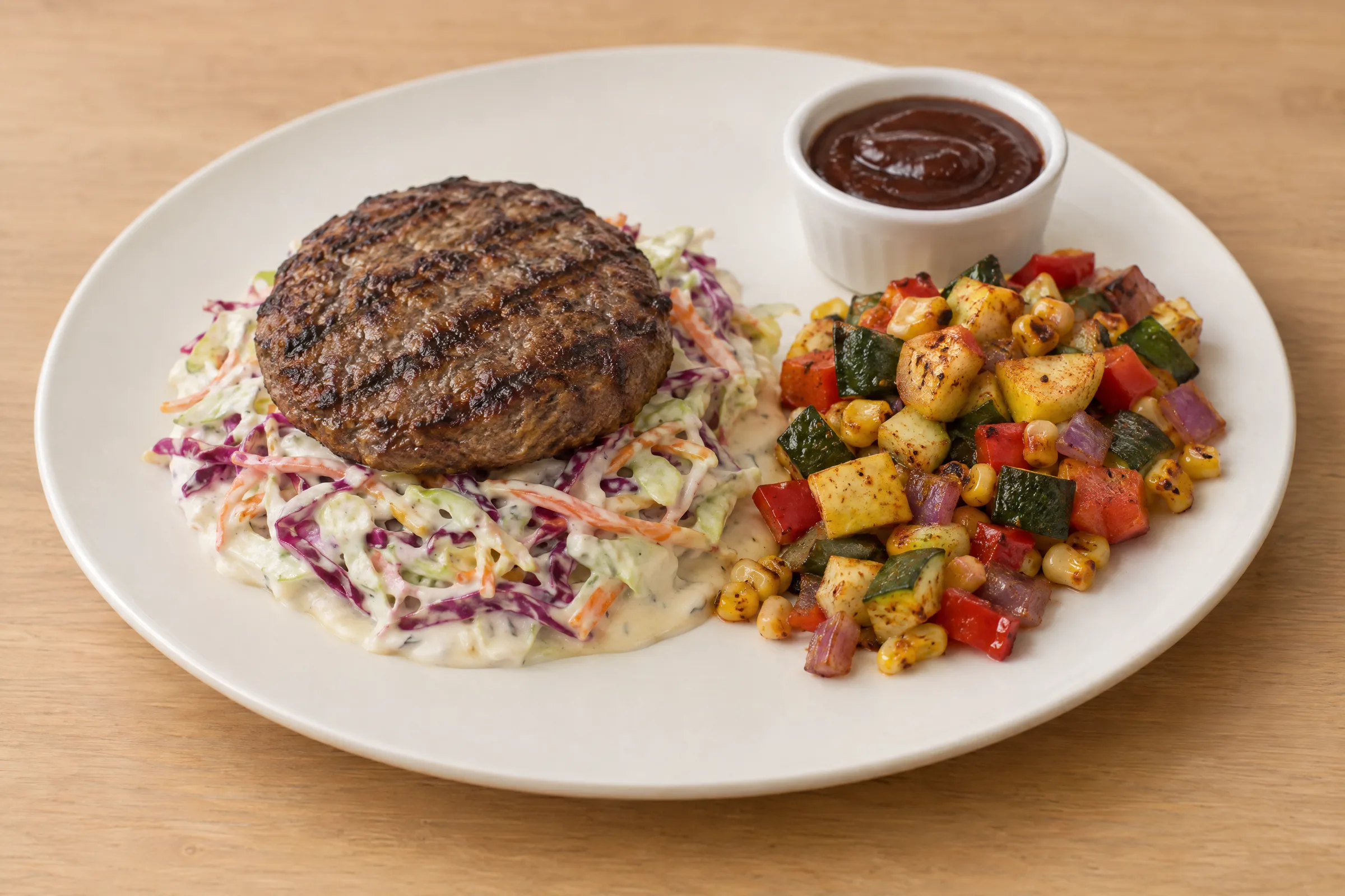A grilled beef patty on creamy cheddar cabbage slaw with corn-zucchini medley and BBQ sauce. AI illustration, not a photo of the delivered meal. Appearance and portions vary.